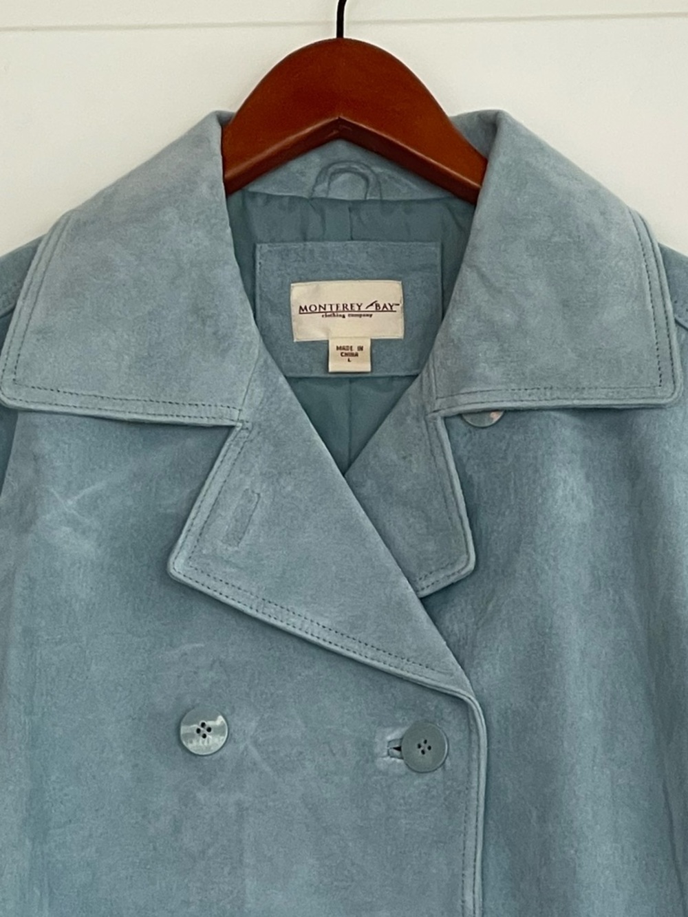 Vintage Monterey Bay Light Sky Blue Suede Double Breasted Peacoat Trench Coat